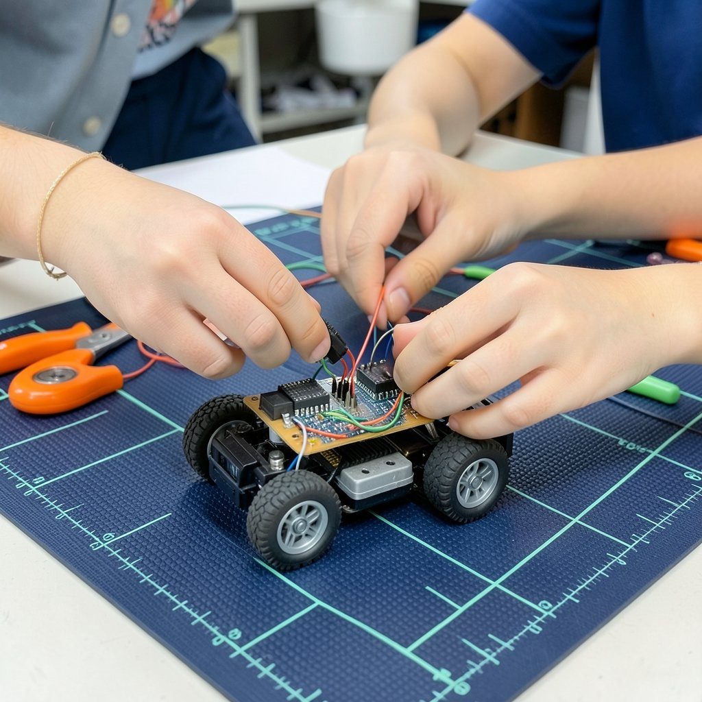 Hands carefully connecting precision wiring onto a robotics sensor board
